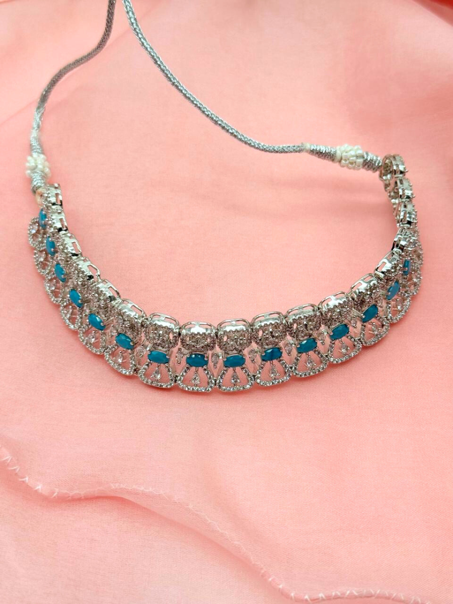 Azure Bloom – American Diamond Choker Set