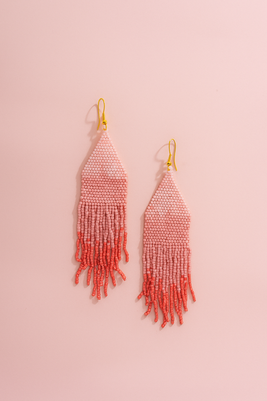 Rosy Drizzle – Handmade Beaded Long Fringe Earrings