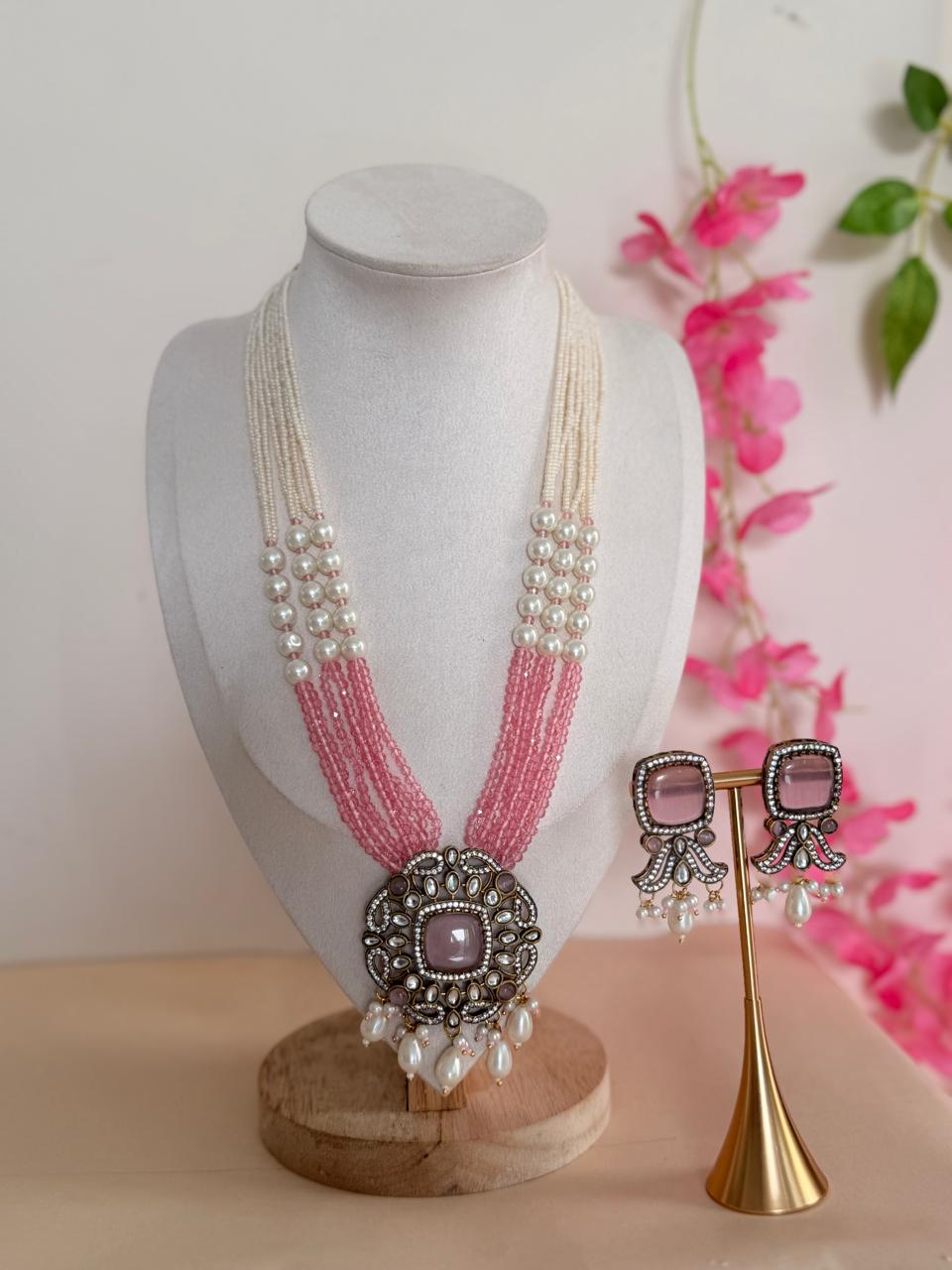 Pink Whisper – Pearl & Beaded Long Mala Set