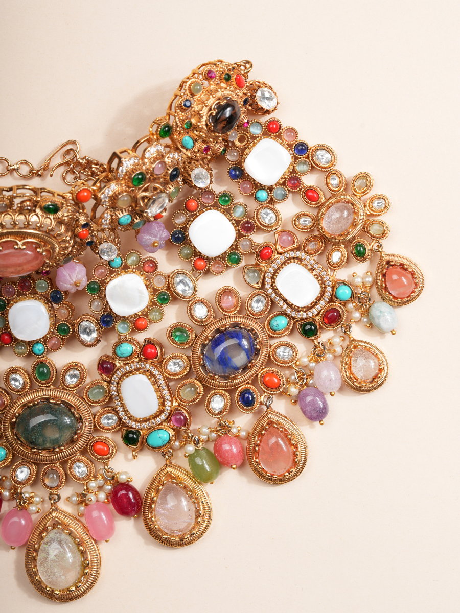 Imperial Aura Multi-Gem Bridal Choker Necklace Set