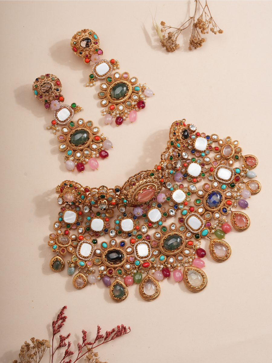 Imperial Aura Multi-Gem Bridal Choker Necklace Set