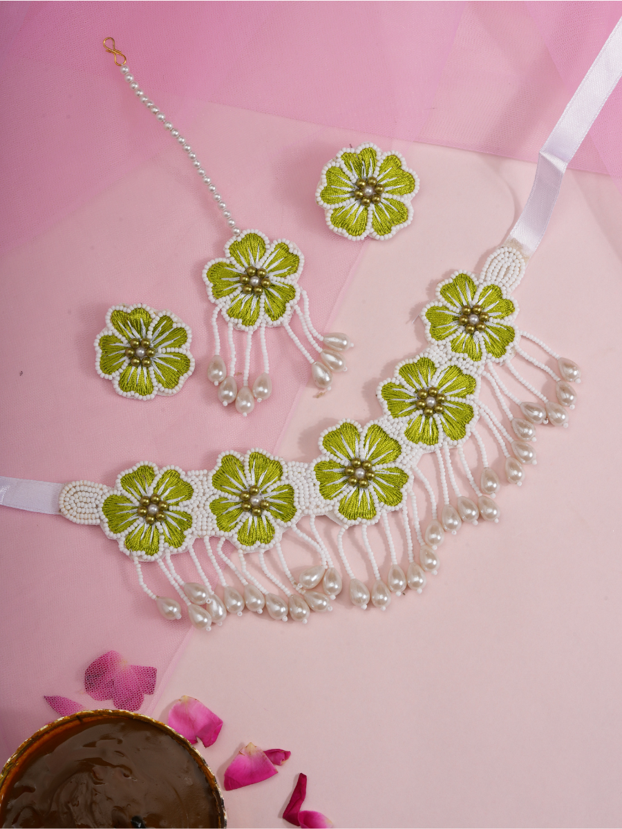 Olive Dew – Handmade Haldi Floral Jewellery Set