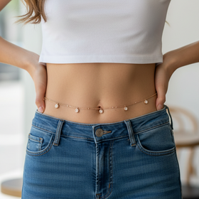 Person wearing a white crop top and blue jeans with a blurred background