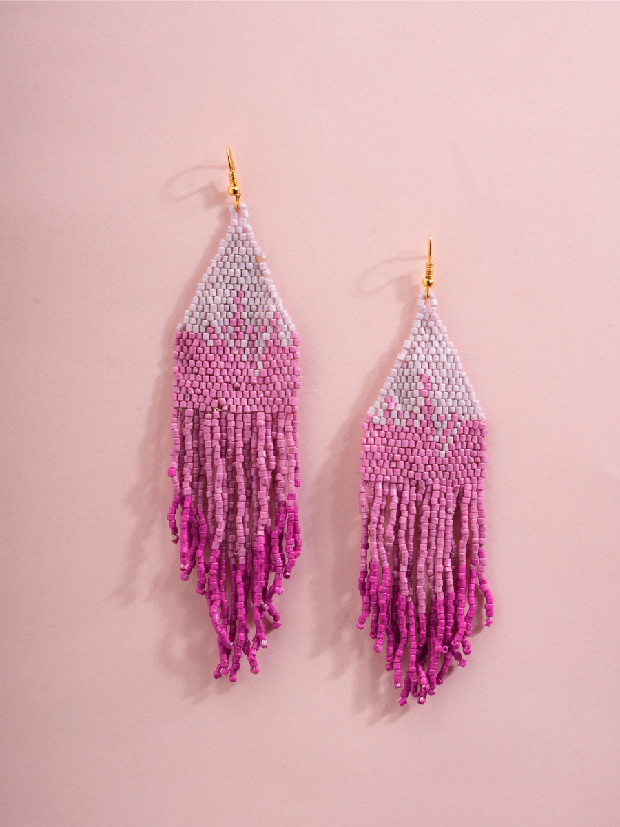 Pink Mirage – Handmade Beaded Fringe Earrings