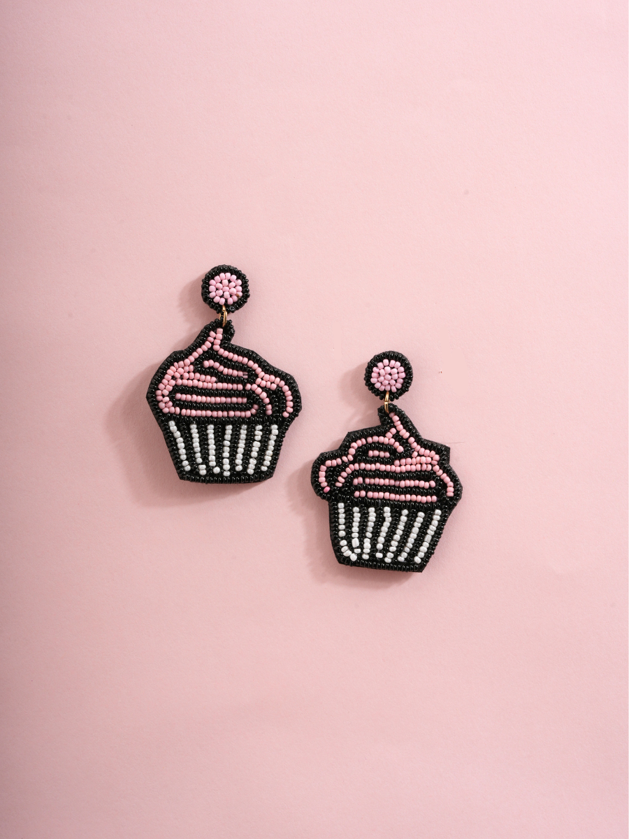 Handmade Beaded Cupcake Earrings – Pink & Black Statement Dangles