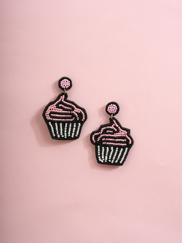 Handmade Beaded Cupcake Earrings – Pink & Black Statement Dangles