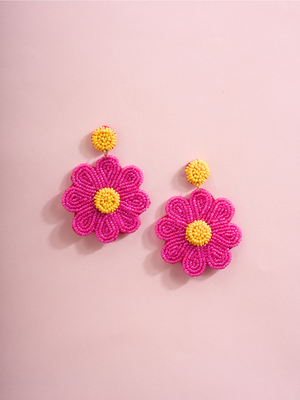 Handmade Pink Daisy Beaded Earrings – Bold Floral Statement Dangles