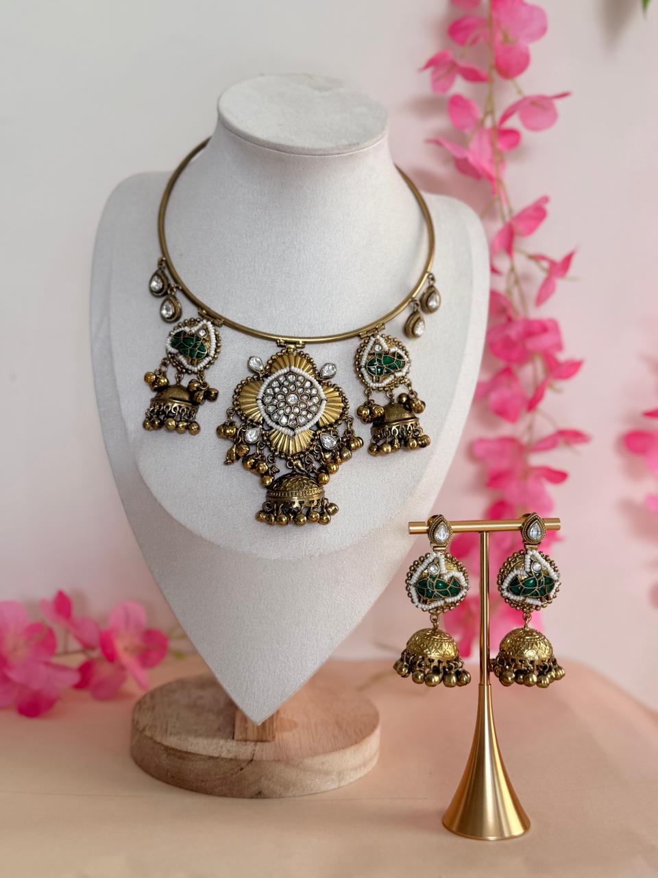 Regal Blossom Pachi Kundan Hasli Set- Green Edition
