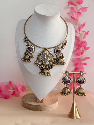 Regal Blossom Pachi Kundan Hasli Set- Pink Edition