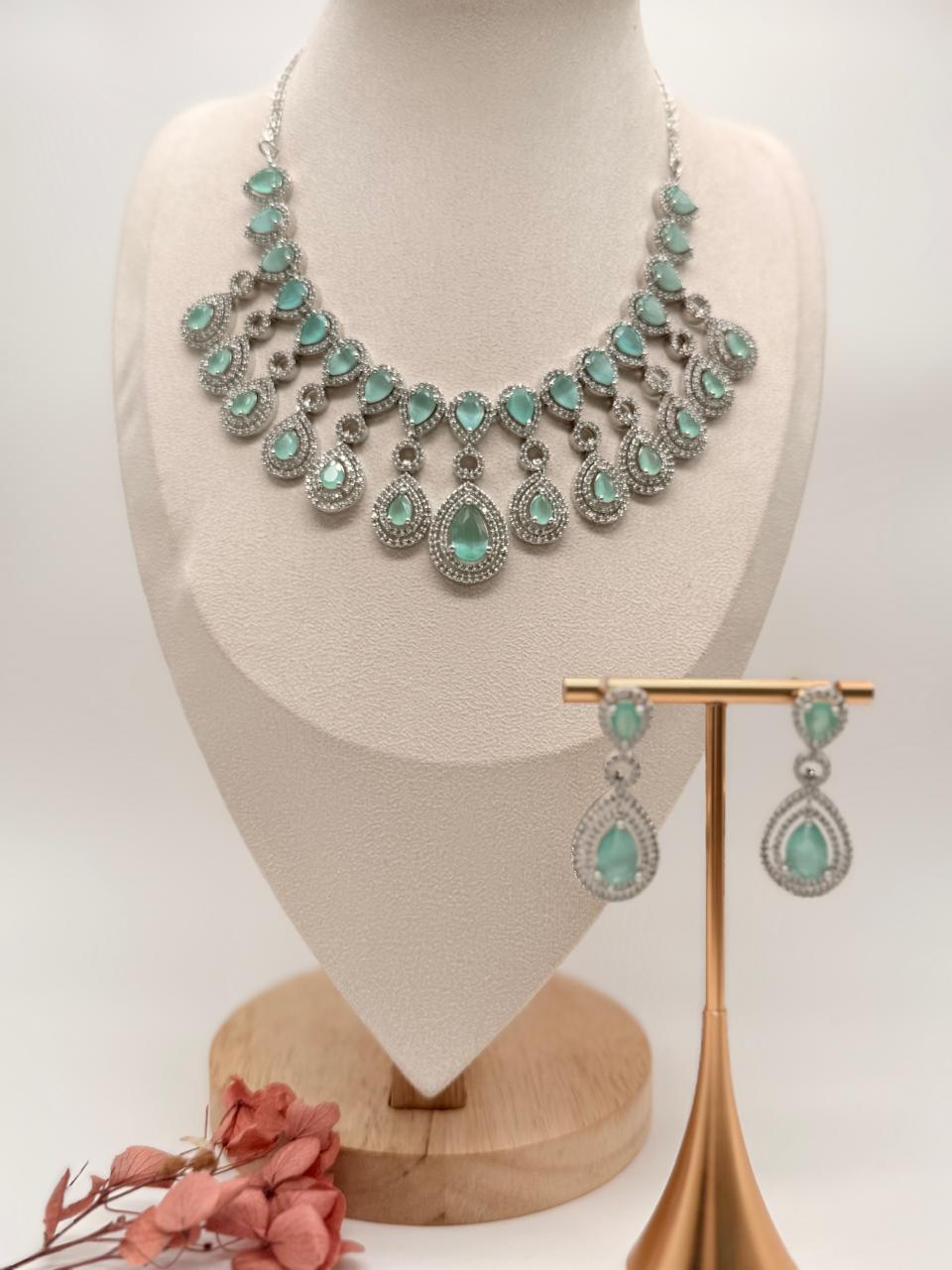 Crown Cascade AD Necklace Set – Aqua Edition