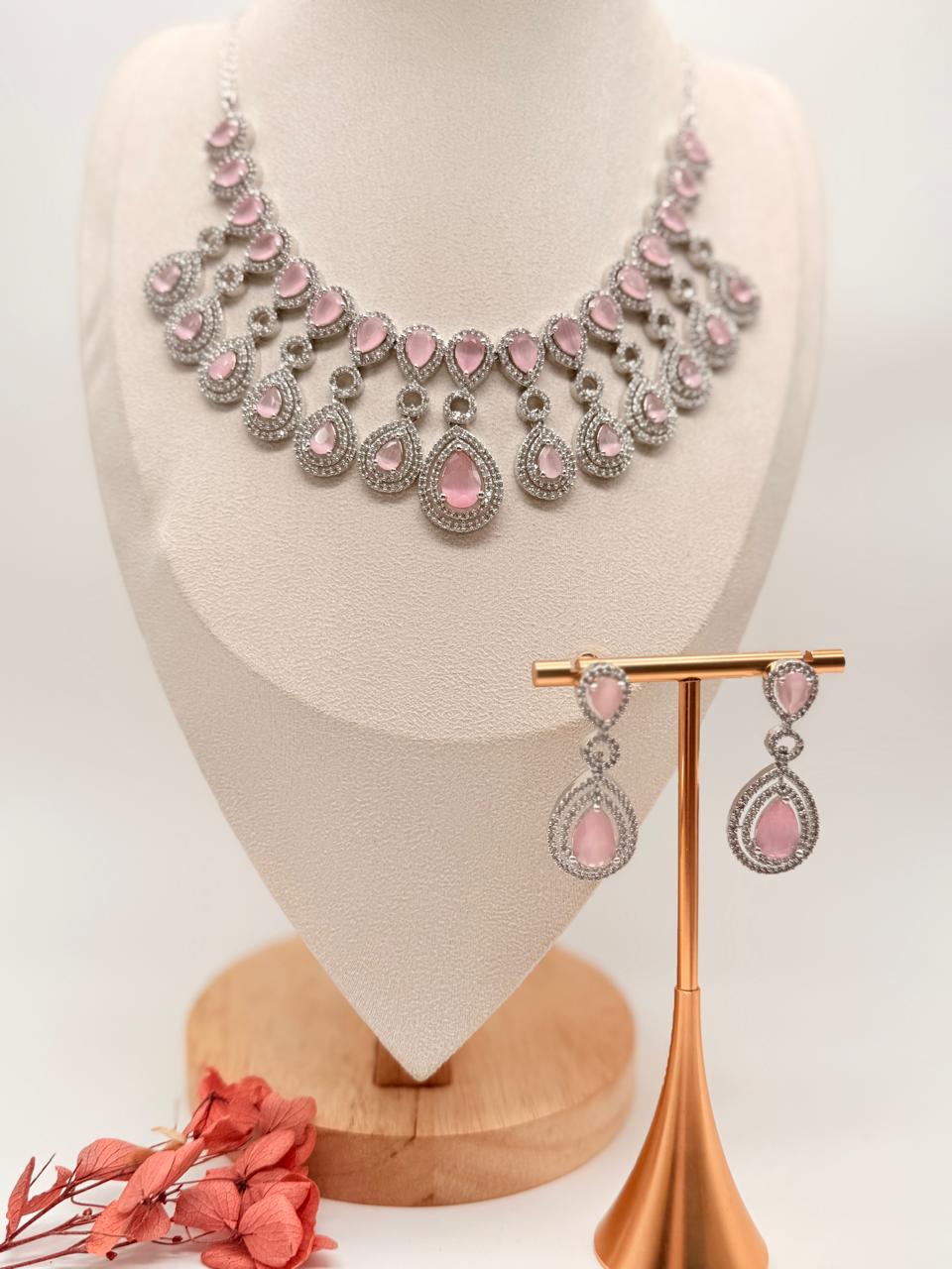 Crown Cascade AD Necklace Set – Pastel Pink Edition