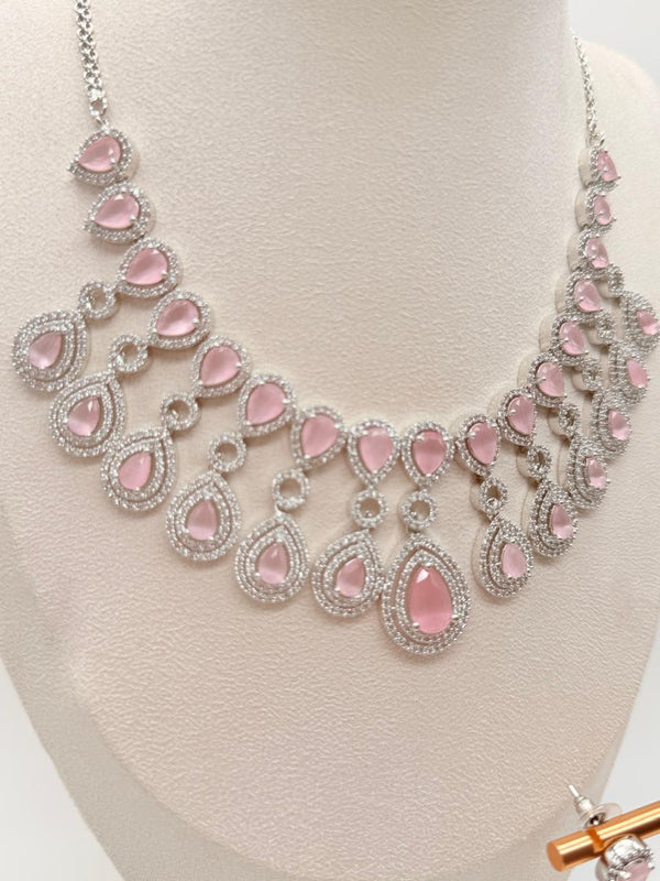 Crown Cascade AD Necklace Set – Pastel Pink Edition