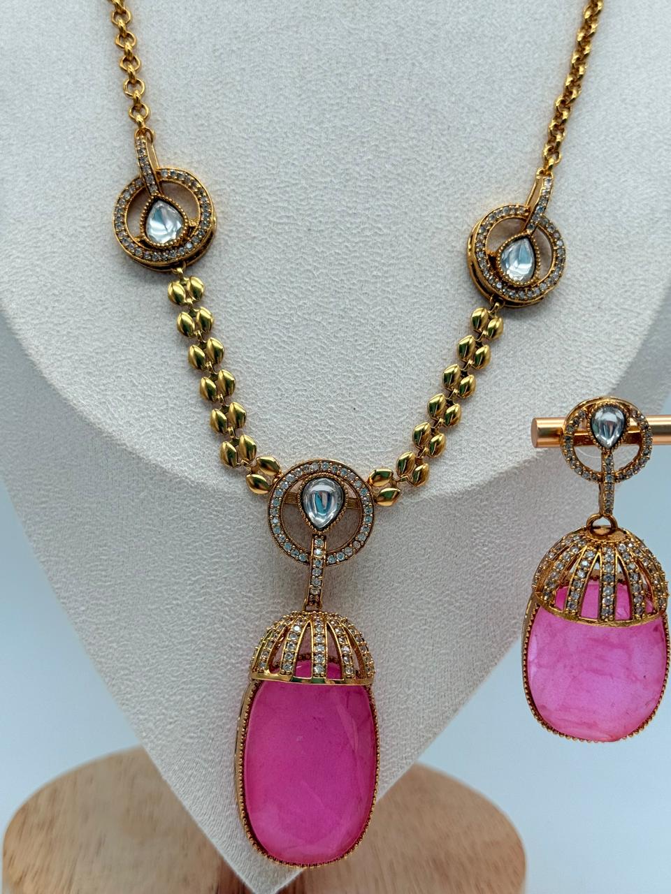 Pink Crystal Droplet Pendant Set
