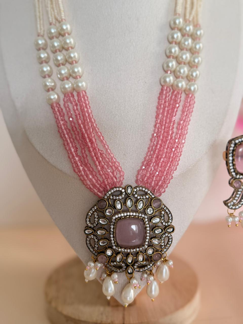 Pink Whisper – Pearl & Beaded Long Mala Set