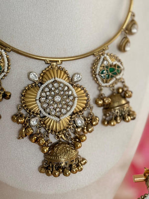 Regal Blossom Pachi Kundan Hasli Set- Green Edition