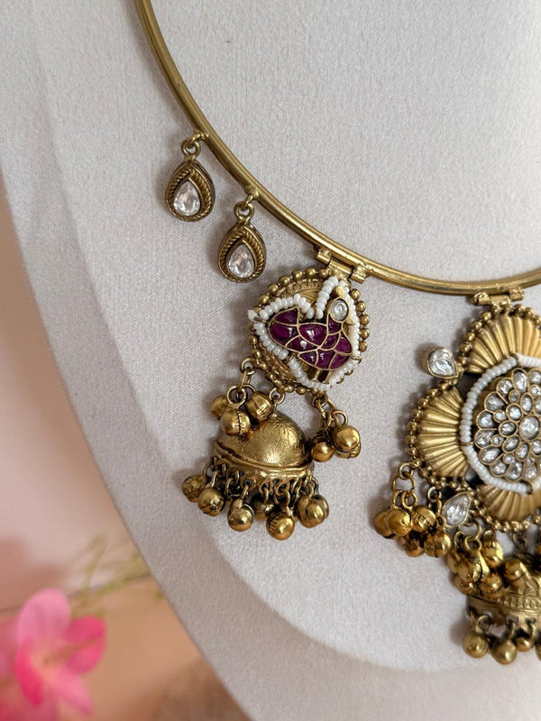 Regal Blossom Pachi Kundan Hasli Set- Pink Edition