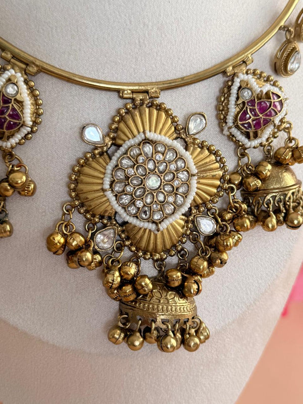 Regal Blossom Pachi Kundan Hasli Set- Pink Edition