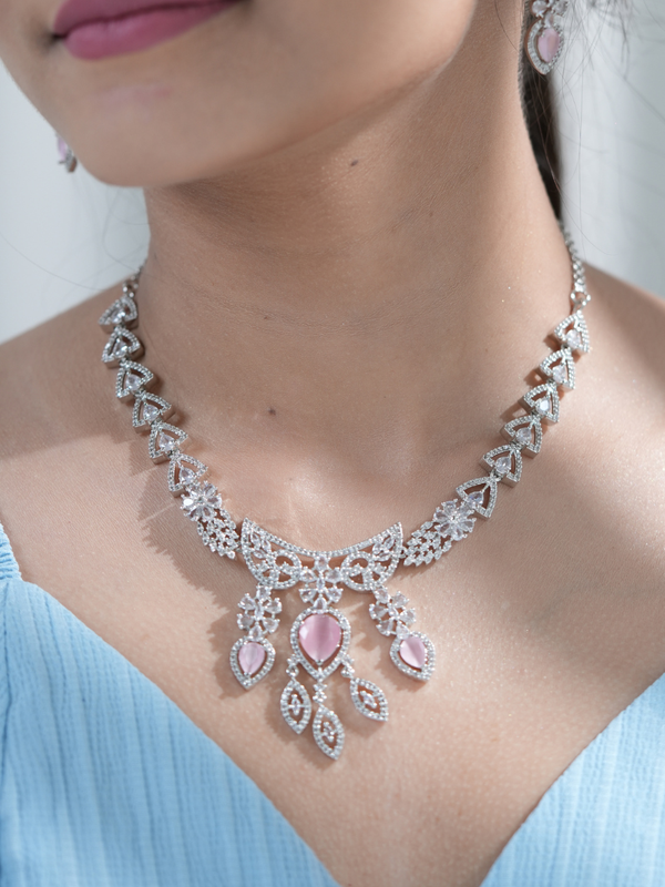 Regalia Rose AD Necklace Set – Pastel Pink Edition