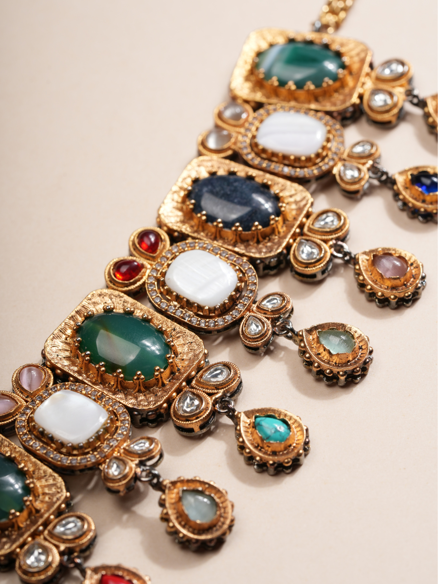 Emerald Royale Multicolor Drop Choker & Earrings Set