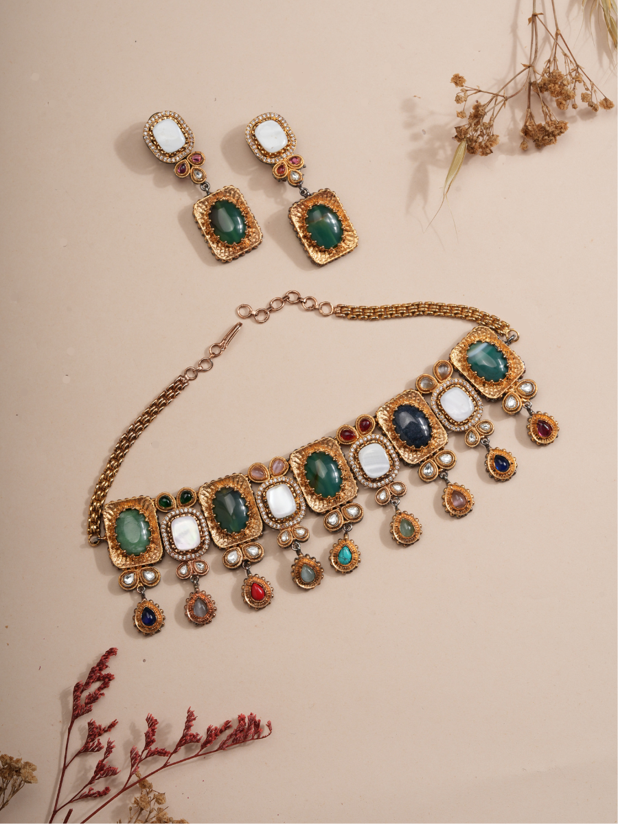 Emerald Royale Multicolor Drop Choker & Earrings Set