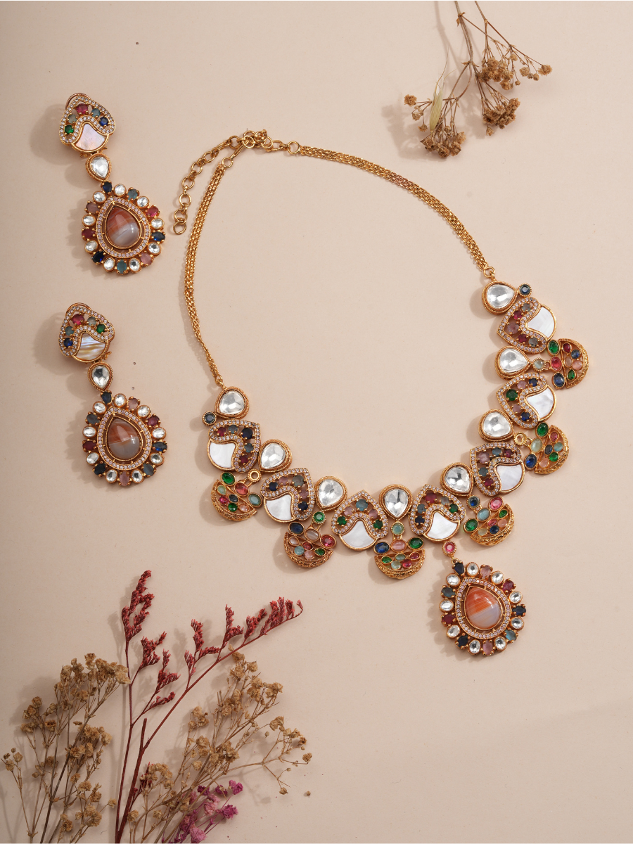 Royal Tapestry Pastel Kundan Necklace & Earrings Set