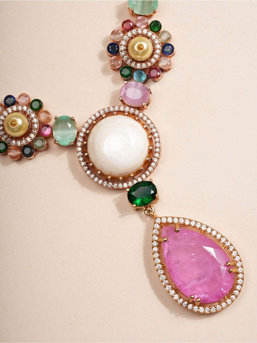 Pastel Blossom Gemstone Pearl Necklace Set