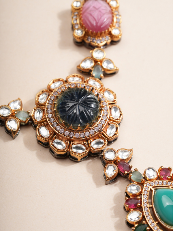 Regal Lotus Carved Gemstone Necklace & Earrings Set