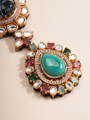 Regal Lotus Carved Gemstone Necklace & Earrings Set