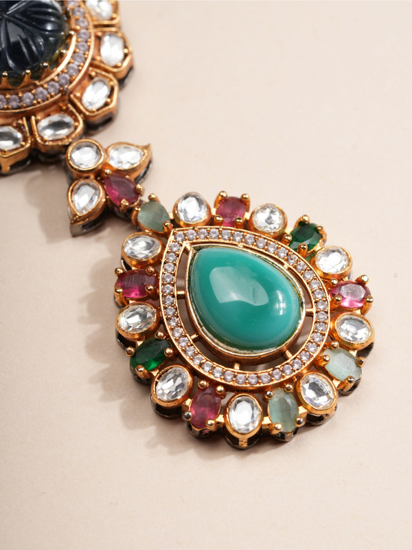 Regal Lotus Carved Gemstone Necklace & Earrings Set