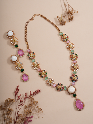 Pastel Blossom Gemstone Pearl Necklace Set