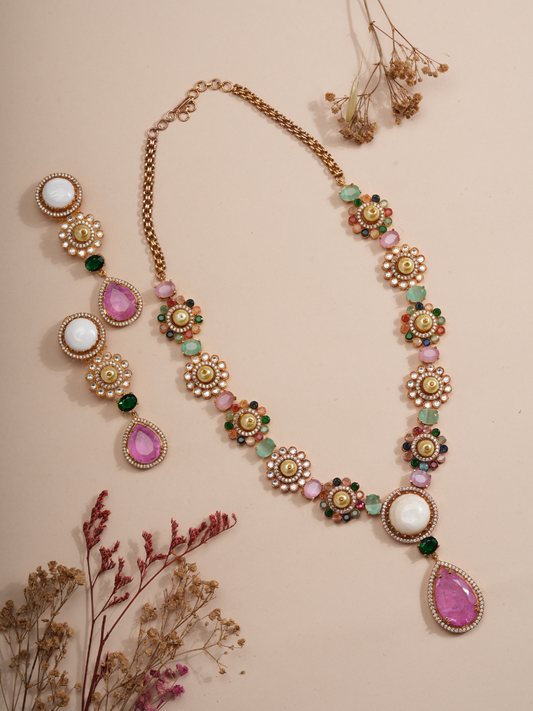Pastel Blossom Gemstone Pearl Necklace Set