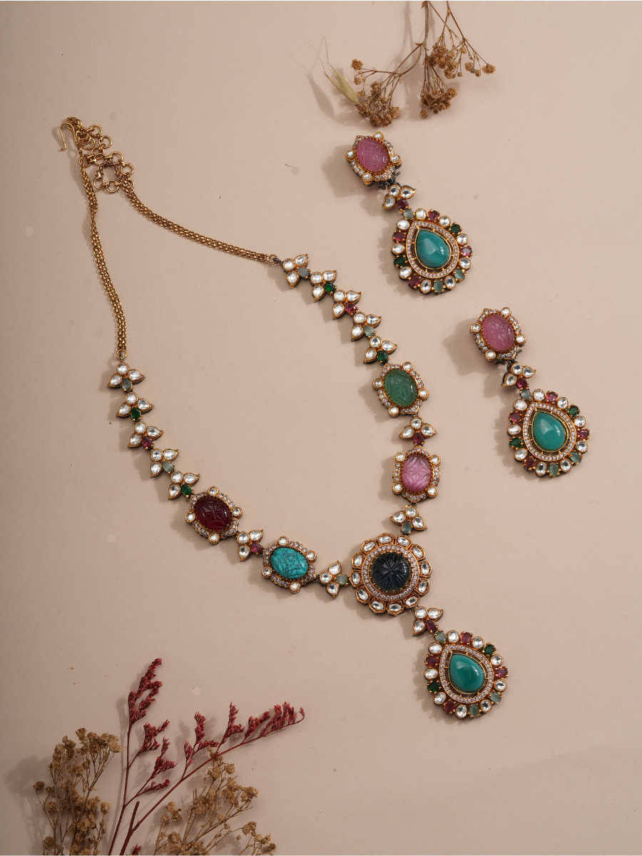 Regal Lotus Carved Gemstone Necklace & Earrings Set