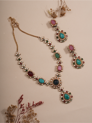 Regal Lotus Carved Gemstone Necklace & Earrings Set