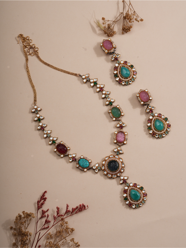 Regal Lotus Carved Gemstone Necklace & Earrings Set