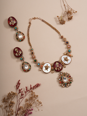Regal Flora & Fauna Kundan Necklace & Earrings Set