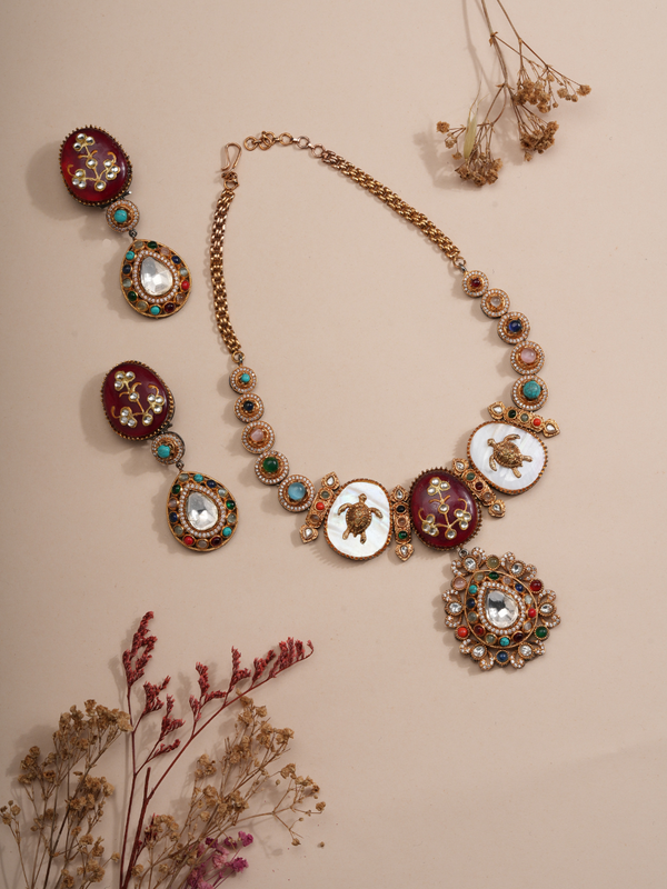 Regal Flora & Fauna Kundan Necklace & Earrings Set