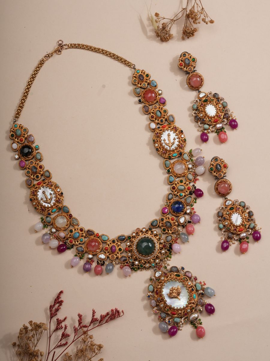 Lotus Empress Multistone Mother of Pearl Necklace Set