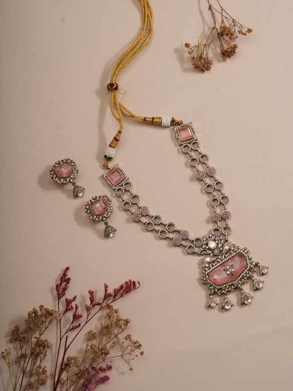 Blush Pink Crystal Antique Necklace & Earrings Set