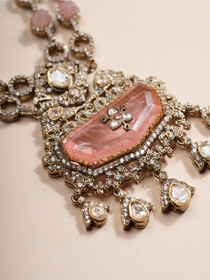 Blush Pink Crystal Antique Necklace & Earrings Set