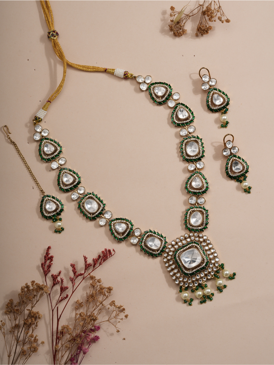 Emerald Radiance Polki Kundan Bridal Necklace & Earrings Set