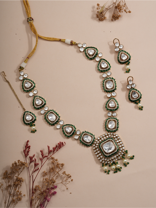 Emerald Radiance Polki Kundan Bridal Necklace & Earrings Set