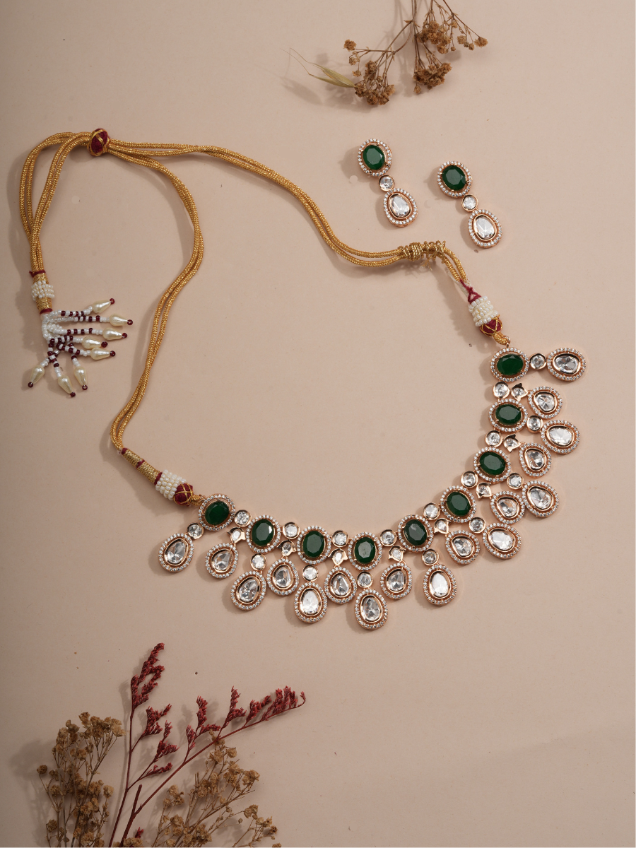 Emerald Cascade Polki Teardrop Choker & Earring Set